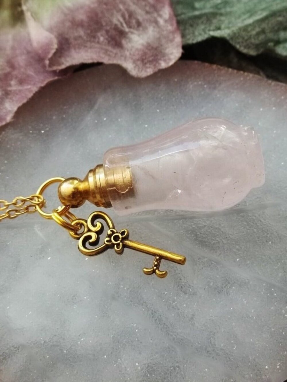 Rose Quartz Crystal Locket Pendant Necklace Gold Color Chain Key Charm Keepsake